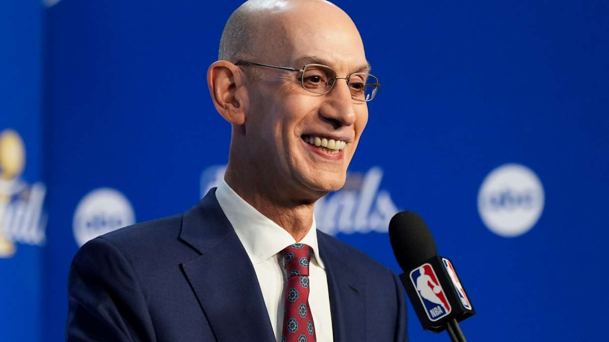 NBA Commissioner Adam Silver speaks prior to Game 1 of the NBA Finals basketball series between the New York Knicks and the San Antonio Spurs, Wednesday, June 3, 2026, in San Antonio.