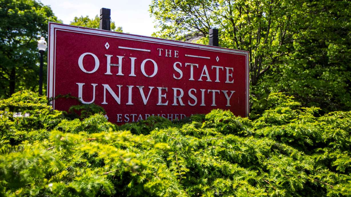 FILE - This photo shows a sign for Ohio State University in Columbus, Ohio, on May 8, 2019.