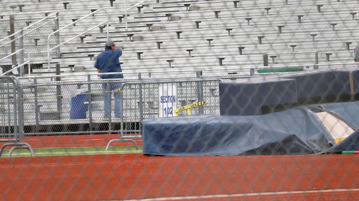 FILE - David Kuykendall Stadium's stands are seen on April 2, 2025, in Frisco, Texas, after the District 11-5A track meet that was being held there was postponed after a Frisco Memorial athlete was stabbed and killed.