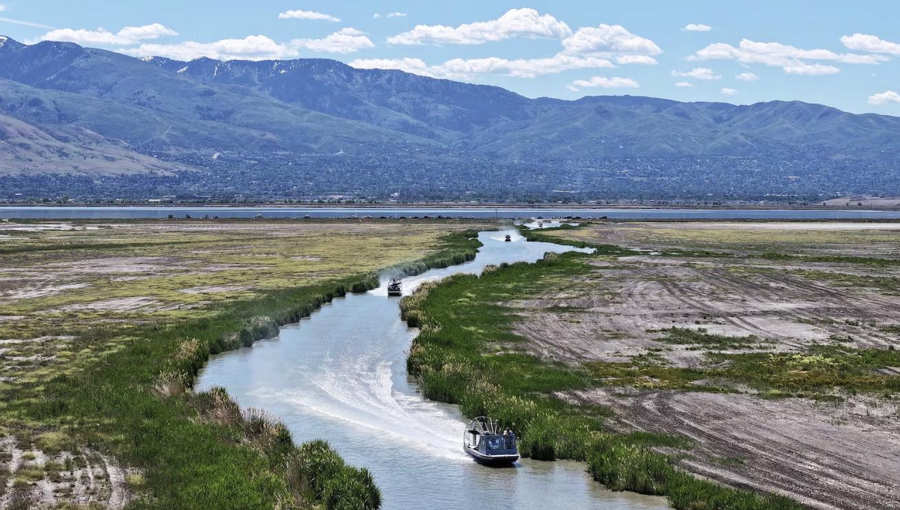 EPA Administrator Lee Zeldin, Senator John Curtis, and Executive Director of the Utah Department of Environmental Quality Tim Davis, among others depart for an airboat tour of a portion of the Great Salt Lake near Farmington Bay on May 23.