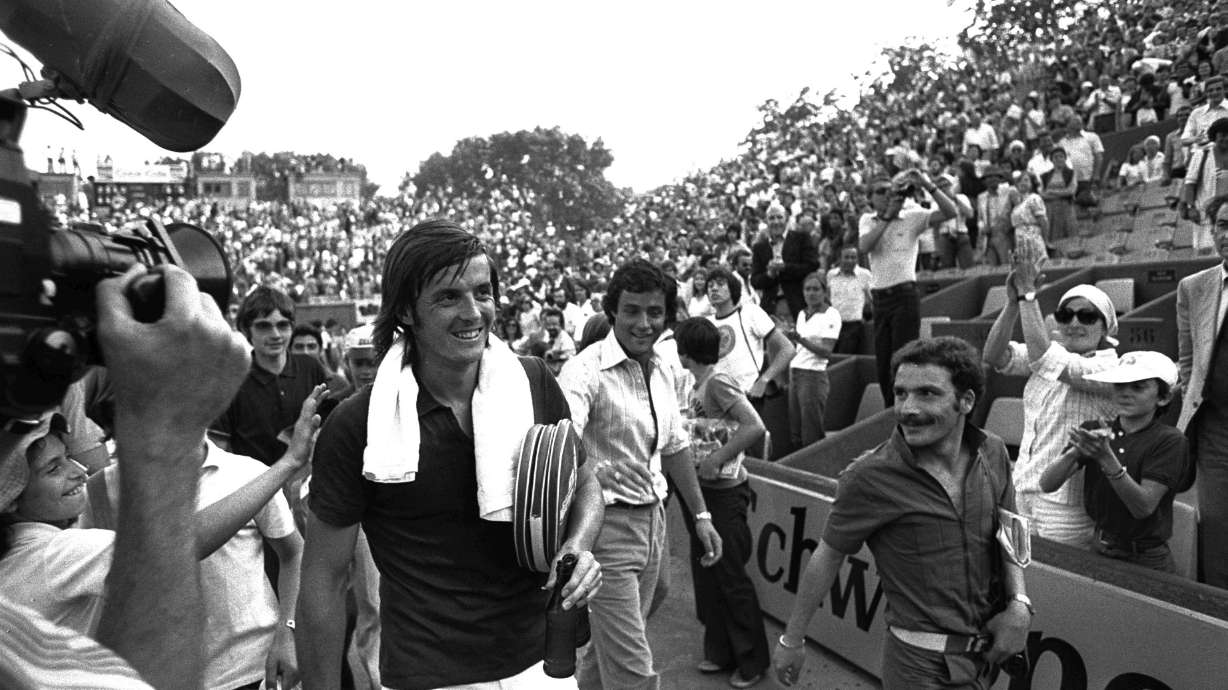 FILE - Adriano Panatta smiles after the quarter final match of the French Open Tennis Tournament in Paris on Sept. 6, 1976.