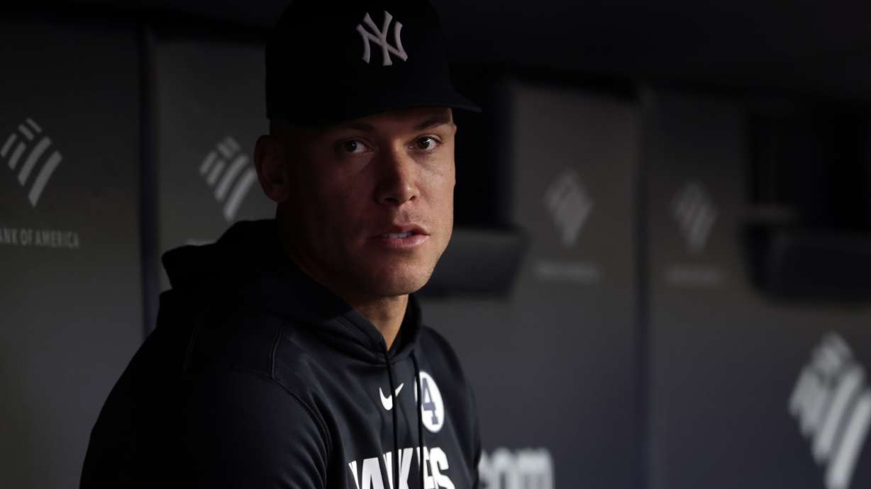 New York Yankees right fielder Aaron Judge (99) looks on from the dugout during the seventh inning of a baseball game against the Cleveland Guardians, Tuesday, June 2, 2026, in New York.