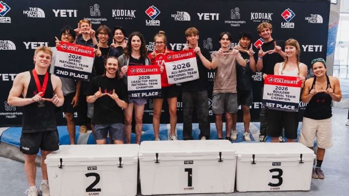 The University of Utah climbing team after taking home its fifth consecutive USA Climbing Collegiate National Championships title.