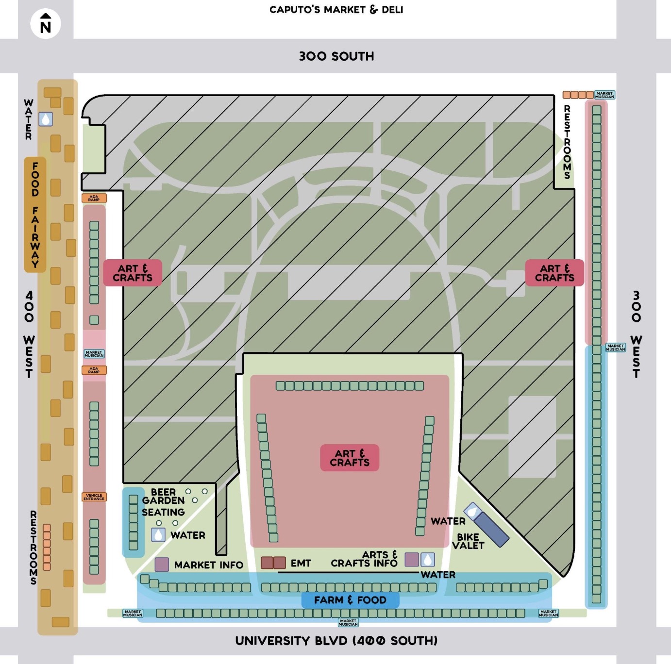 This map shows where vendors will be set up at the Salt Lake City Downtown Farmers Market this year while construction at Pioneer Park continues.