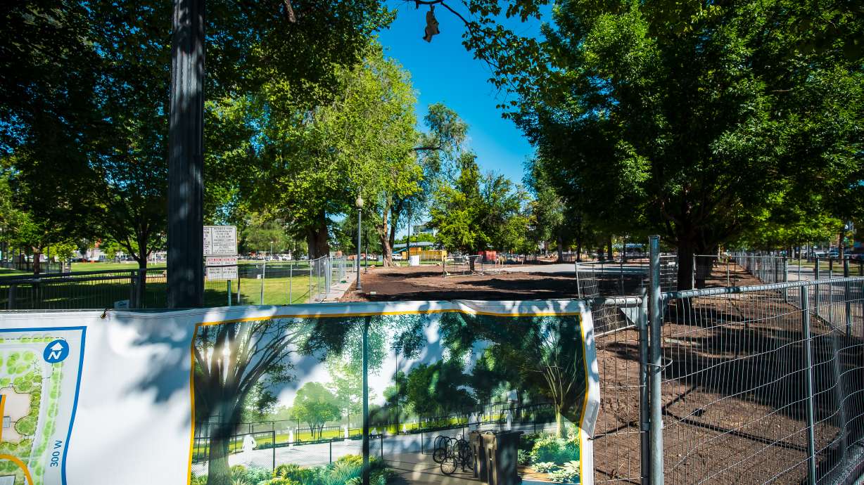 Construction at Pioneer Park continues in Salt Lake City on Thursday. Despite its partial closure, the popular Salt Lake City Downtown Farmers Market will fill open spaces when it returns this Saturday, as well as parts of the street next to it.
