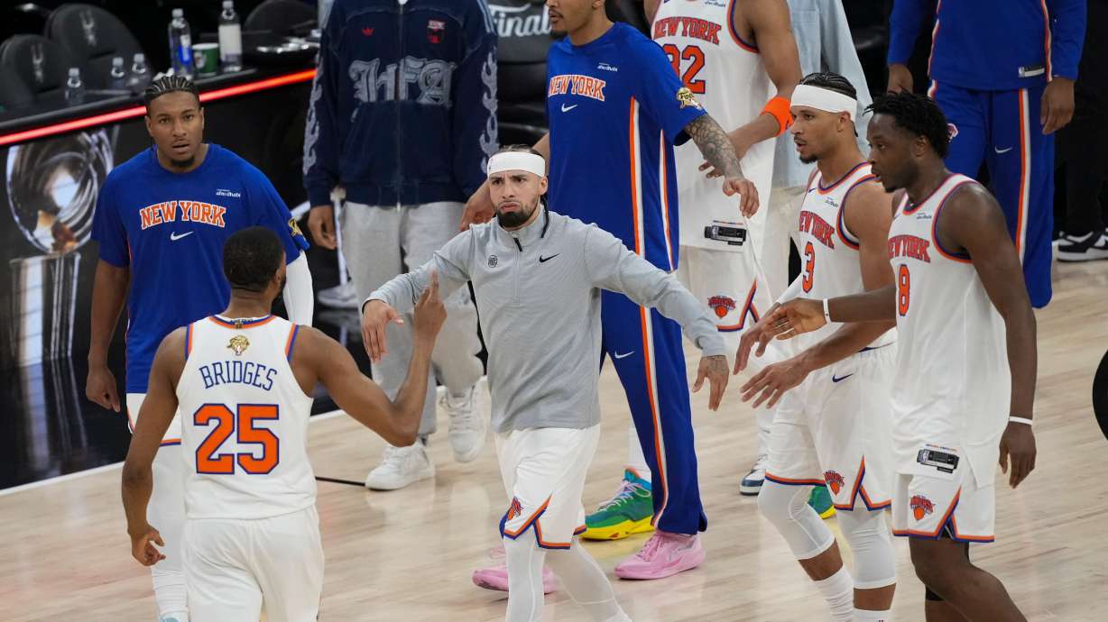 The New York Knicks celebrate after Game 1 of the NBA Finals basketball series against the San Antonio Spurs, Wednesday, June 3, 2026, in San Antonio.