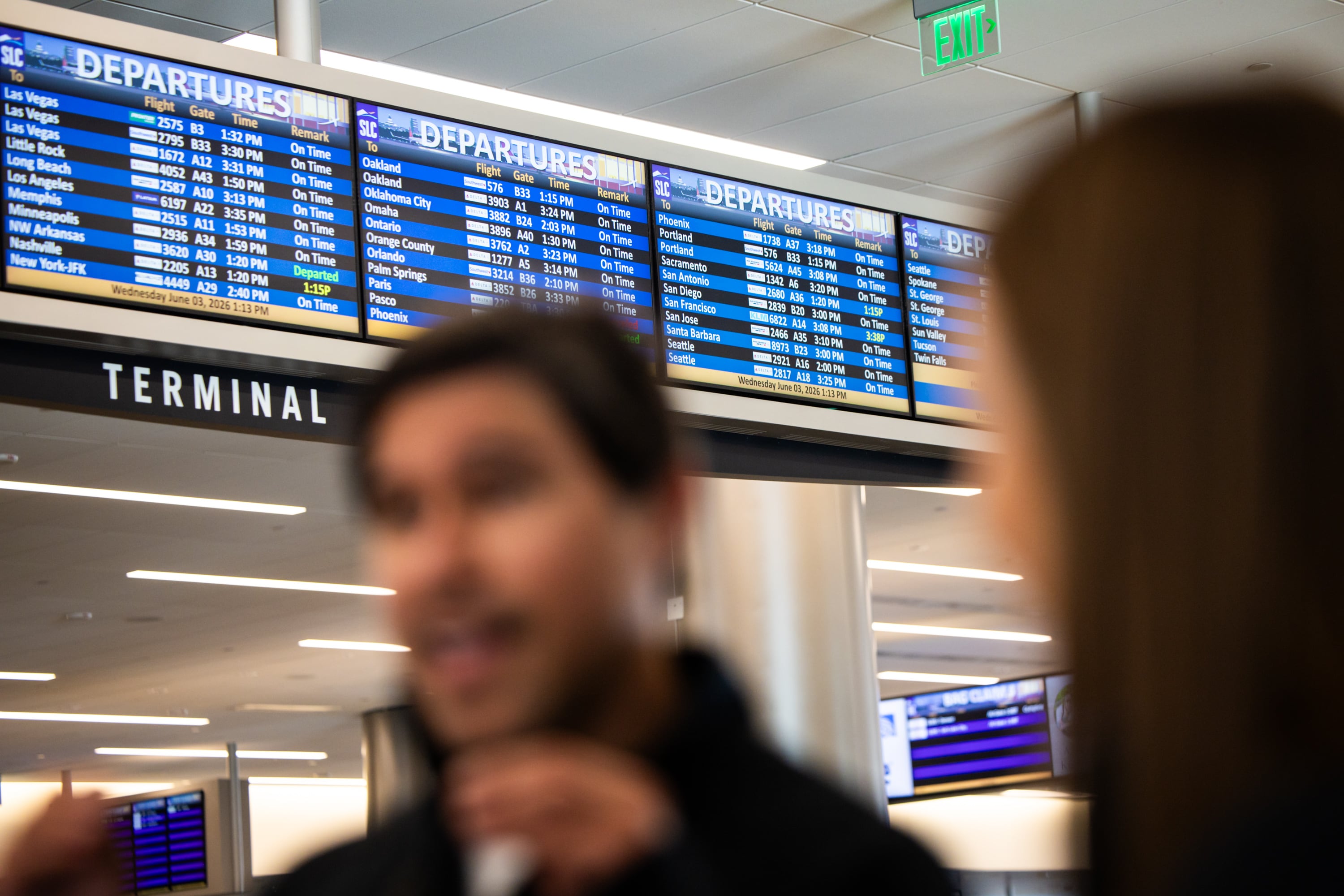 Israel Arellano, co-founder, CEO and head of product at Bringit, and Jeanette Lee, co-founder and chief commercial officer of Bringit, talk to the Deseret News at Salt Lake City International Airport on Wednesday. Bringit is a company that provides an on-demand, same-day luggage delivery to hotels, rentals and residences in Salt Lake City and Park City.