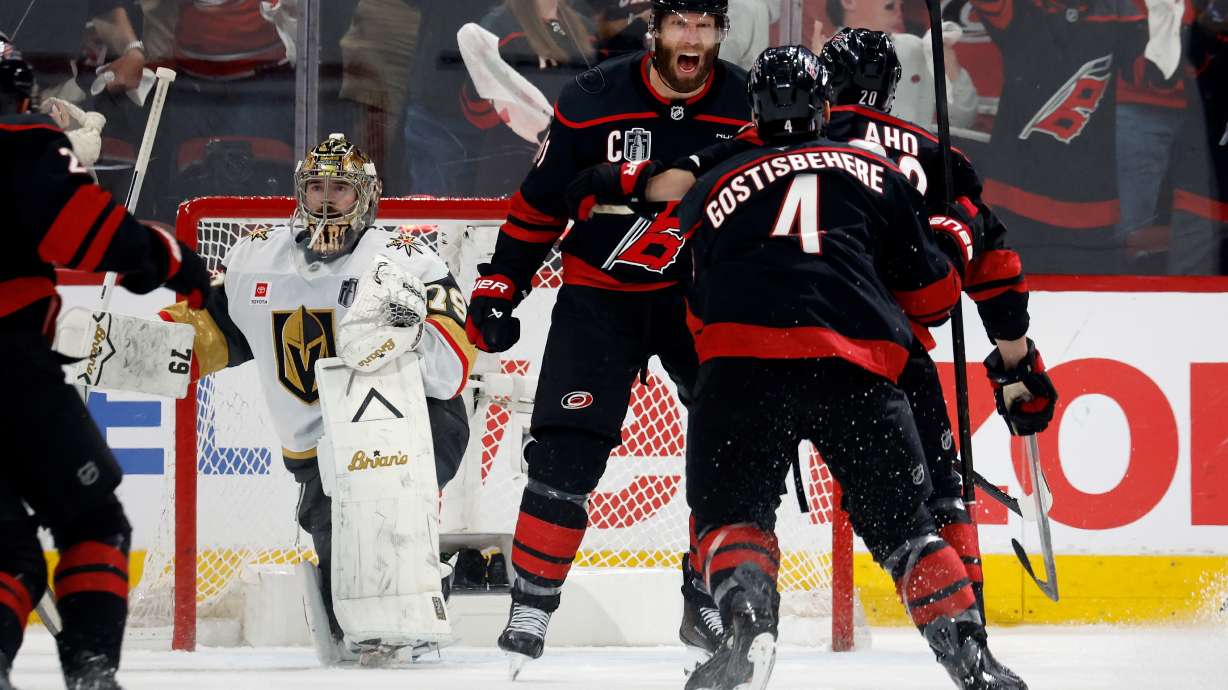 Carolina Hurricanes' Jordan Staal (11) celebrates after his goal against Vegas Golden Knights goaltender Carter Hart (79) during the third period in Game 2 of the NHL hockey Stanley Cup Final series in Raleigh, N.C., Thursday, June 4, 2026.