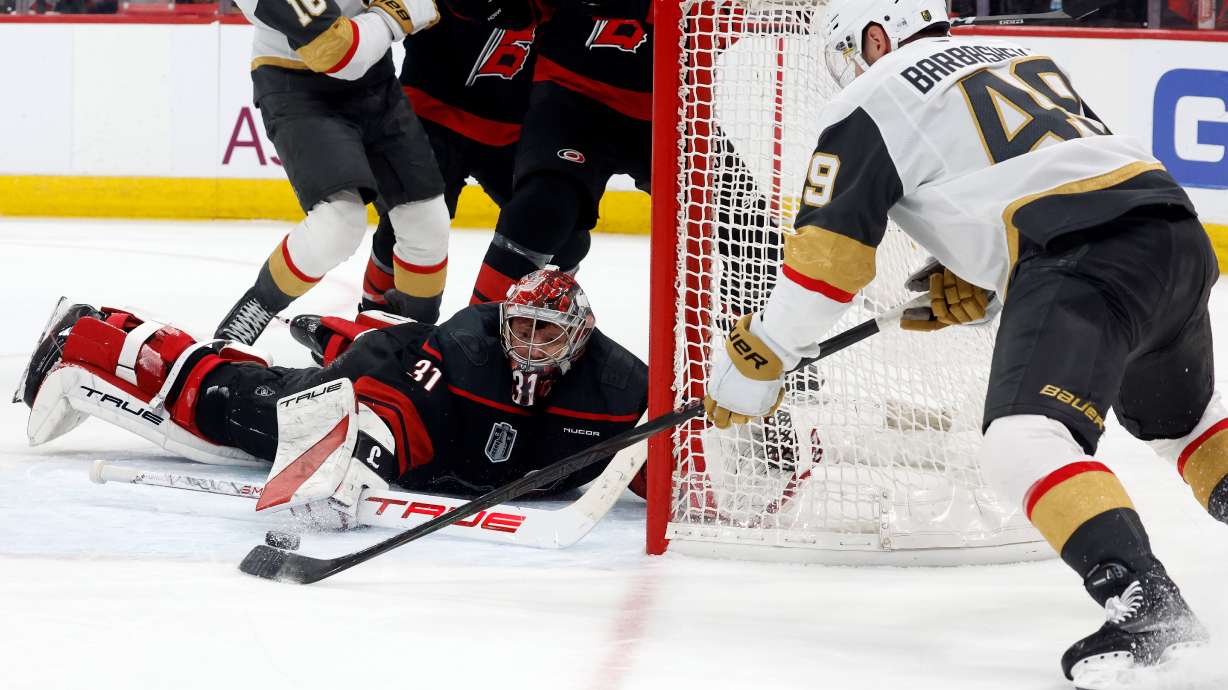 Carolina Hurricanes goaltender Frederik Andersen (31) stops a shot byf Vegas Golden Knights' Ivan Barbashev (49) during the third period in Game 2 of the NHL hockey Stanley Cup Final series in Raleigh, N.C., Thursday, June 4, 2026.