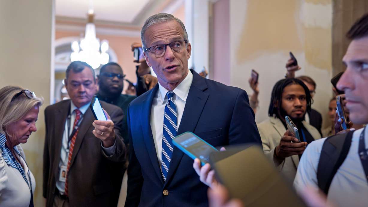 Senate Majority Leader John Thune, R-S.D., pauses for questions from reporters before votes on the immigration enforcement funding package, at the Capitol in Washington on Thursday.