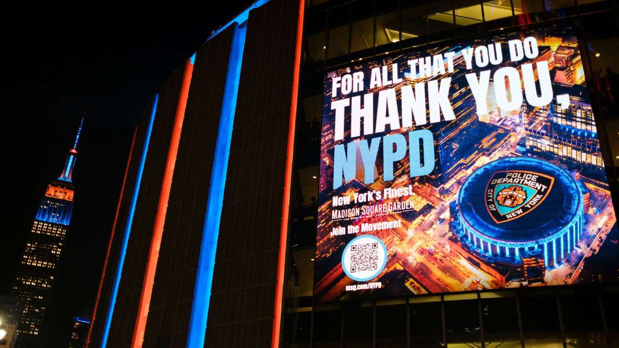Madison Square Garden shows a message of appreciation for the New York Police Department outside the arena on Thursday.
Law enforcement officials in New York are ramping up security with the NBA Finals coming to Madison Square Garden for the first time since 1999.
