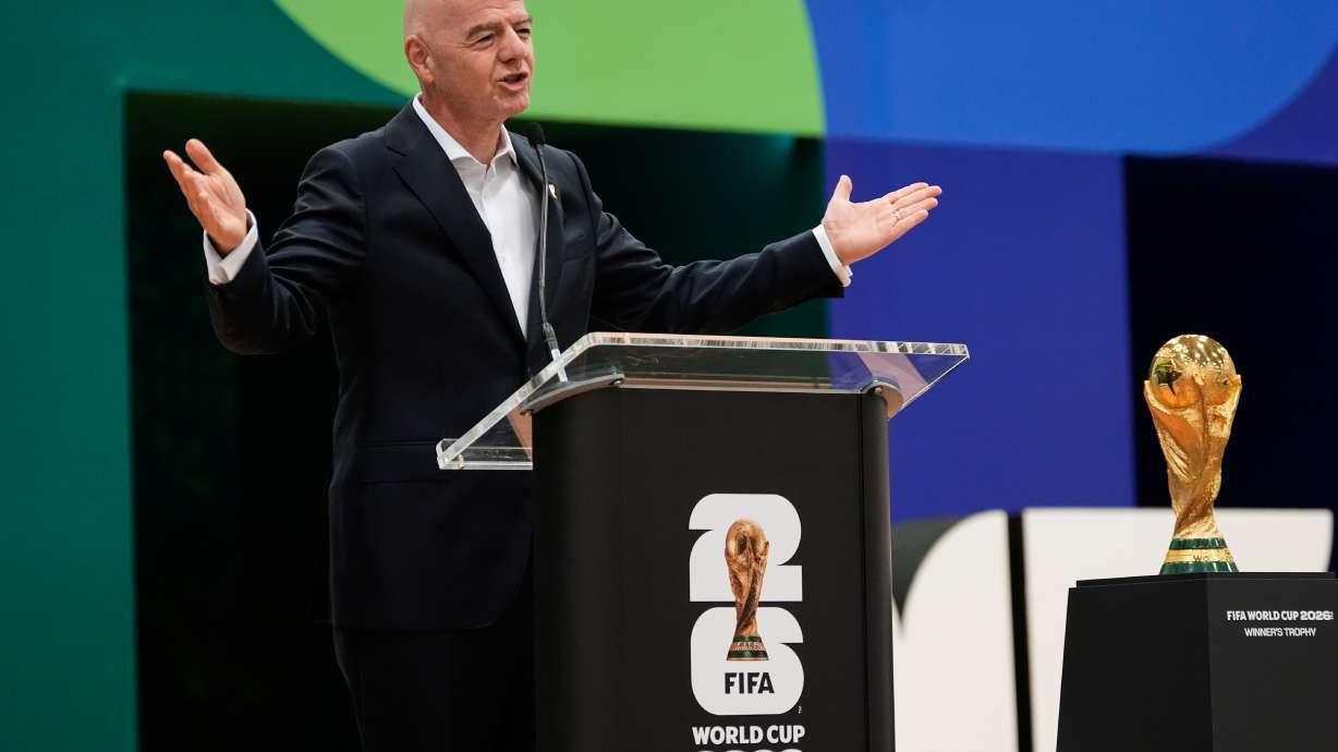 FIFA President Gianni Infantino makes comments during the opening ceremony of the International Broadcast Center Monday, June 1, 2026, in Dallas.