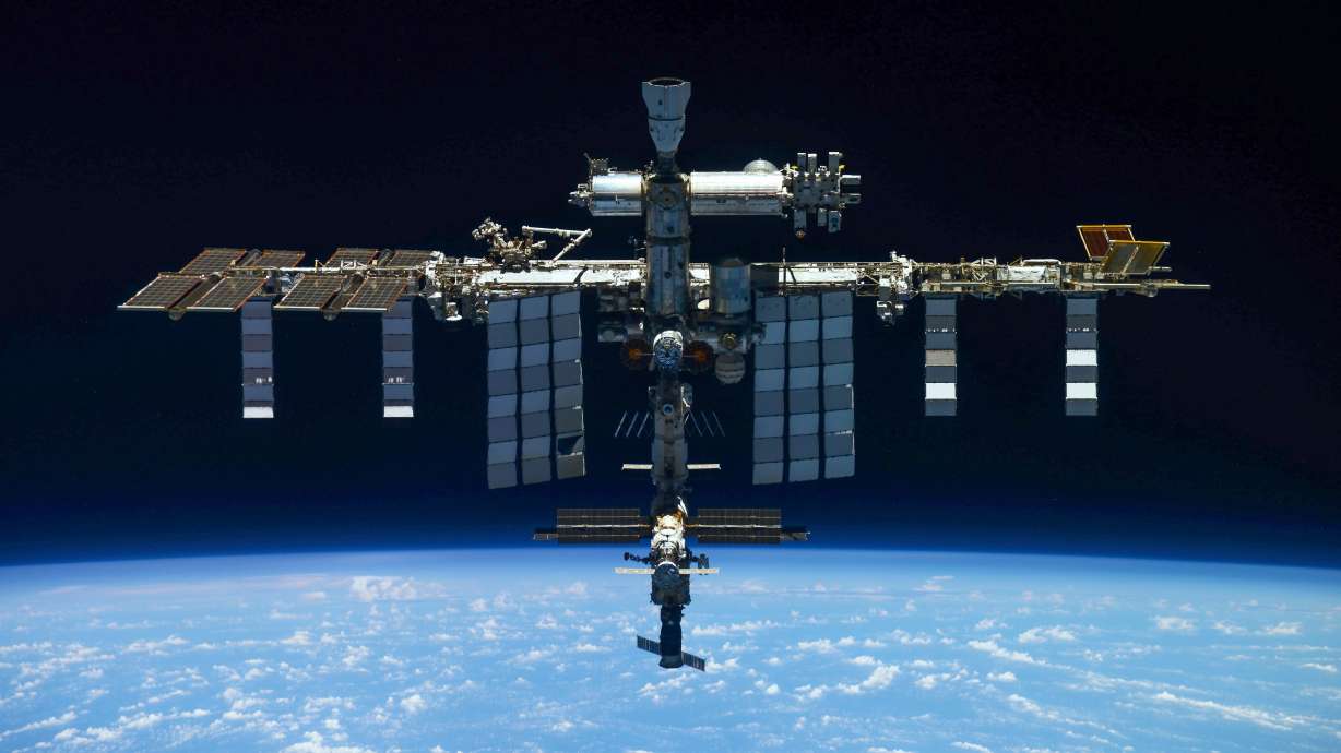 The International Space Station from a Russian Soyuz MS-19 spaceship after undocking on March 30, 2022. Astronauts aboard the International Space Station on Friday briefly took shelter during a repair to fix a new leak.