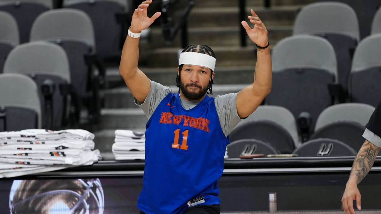 New York Knicks guard Jalen Brunson stretches during a workout prior to the start of the NBA Finals basketball series against the San Antonio Spurs, Tuesday, June 2, 2026, in San Antonio.