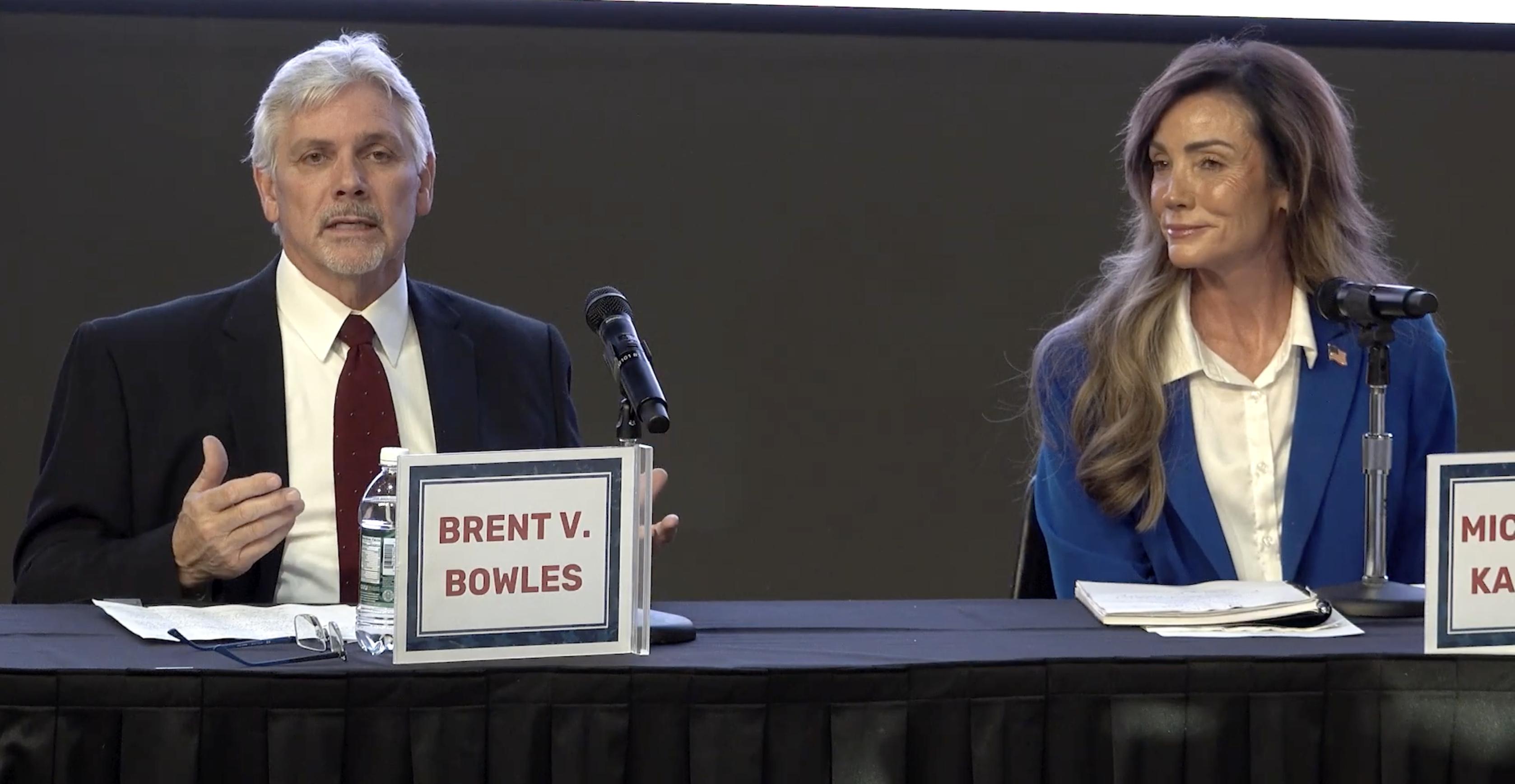 Utah County Commission candidates Brent Bowles and Michelle Kaufusi speak during a debate by the Utah Valley Chamber of Commerce on May 7.