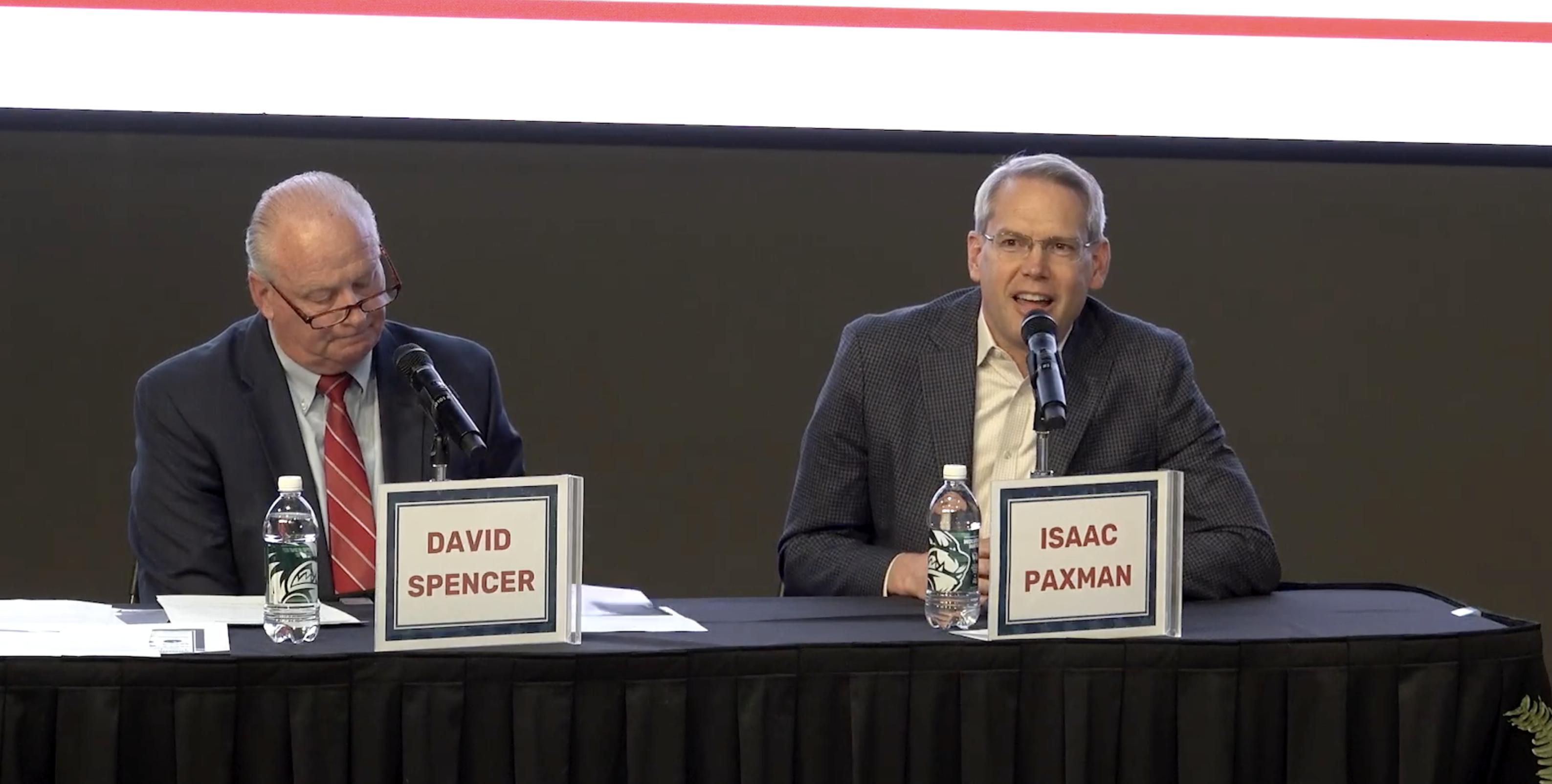 Utah County Commission candidates David Spencer and Isaac Paxman speak during a debate by the Utah Valley Chamber of Commerce on May 7. Candidate Carolina Herrin was not at the debate.