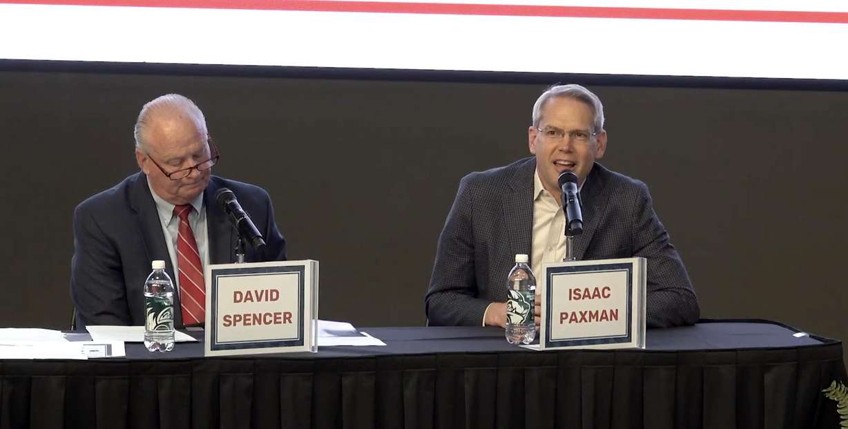 Utah County Commission candidates David Spencer and Isaac Paxman speak during a debate by the Utah Valley Chamber of Commerce on May 7. Candidate Carolina Herrin was not at the debate.