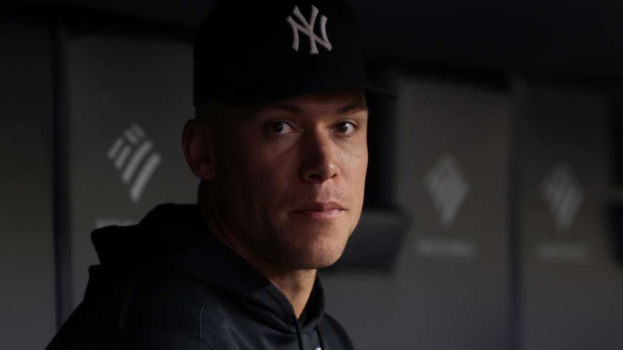 New York Yankees right fielder Aaron Judge (99) looks on from the dugout during the seventh inning of a baseball game against the Cleveland Guardians, Tuesday, June 2, 2026, in New York.
