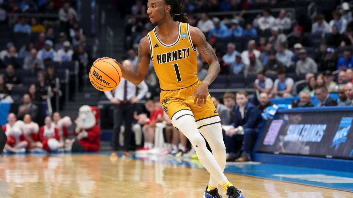 FILE - Alabama State guard Amarr Knox (1) dribbles during a First Four college basketball game against Saint Francis in the NCAA Tournament, Tuesday, March 18, 2025, in Dayton, Ohio.