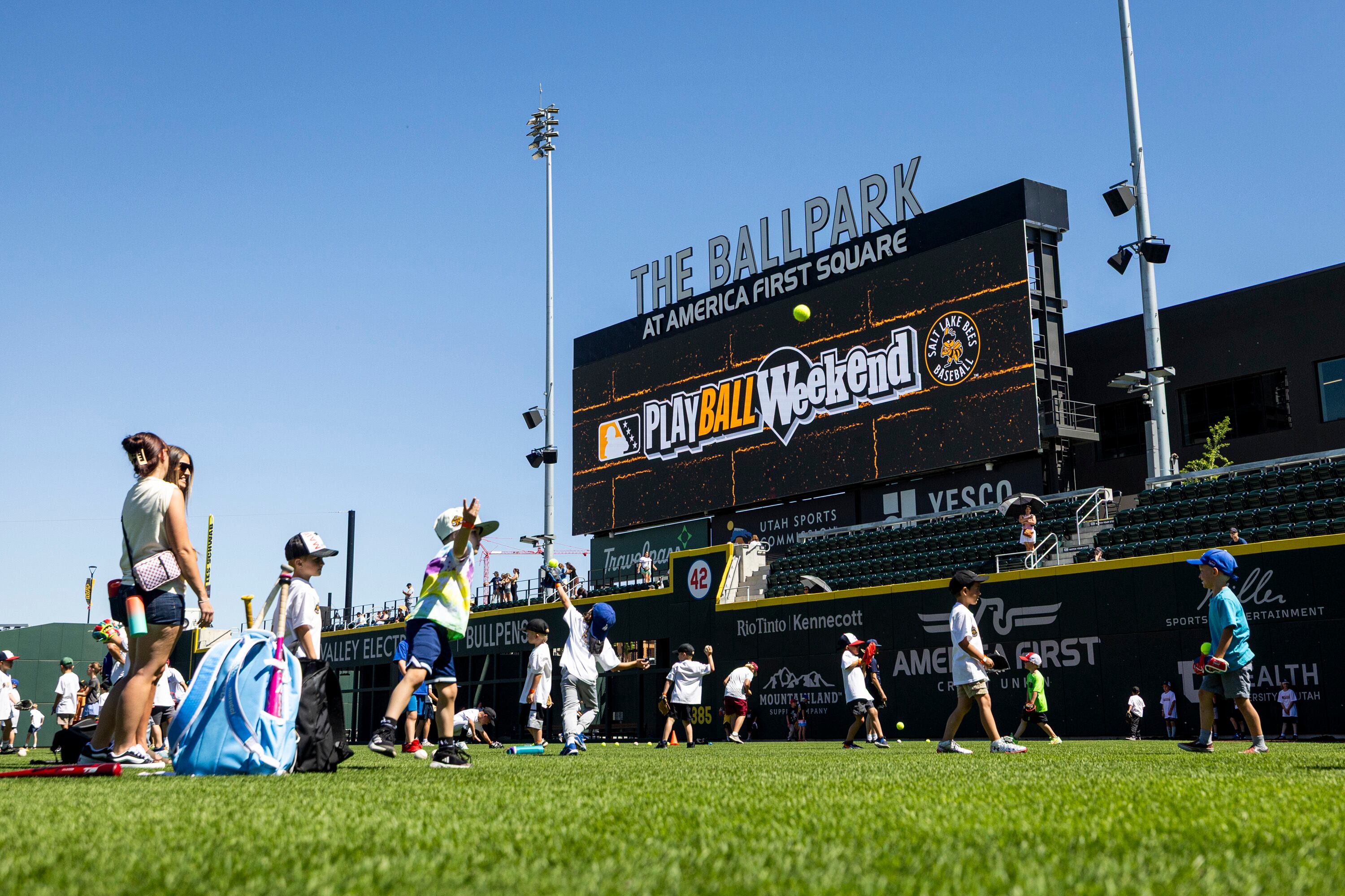 Youth participants practice different aspects of baseball at various stations as part of a kick-off event for Utah Youth Sports Giving Day held at The Ballpark at America First Square in South Jordan on Friday. The event looks to increase access for youth sports in the state.