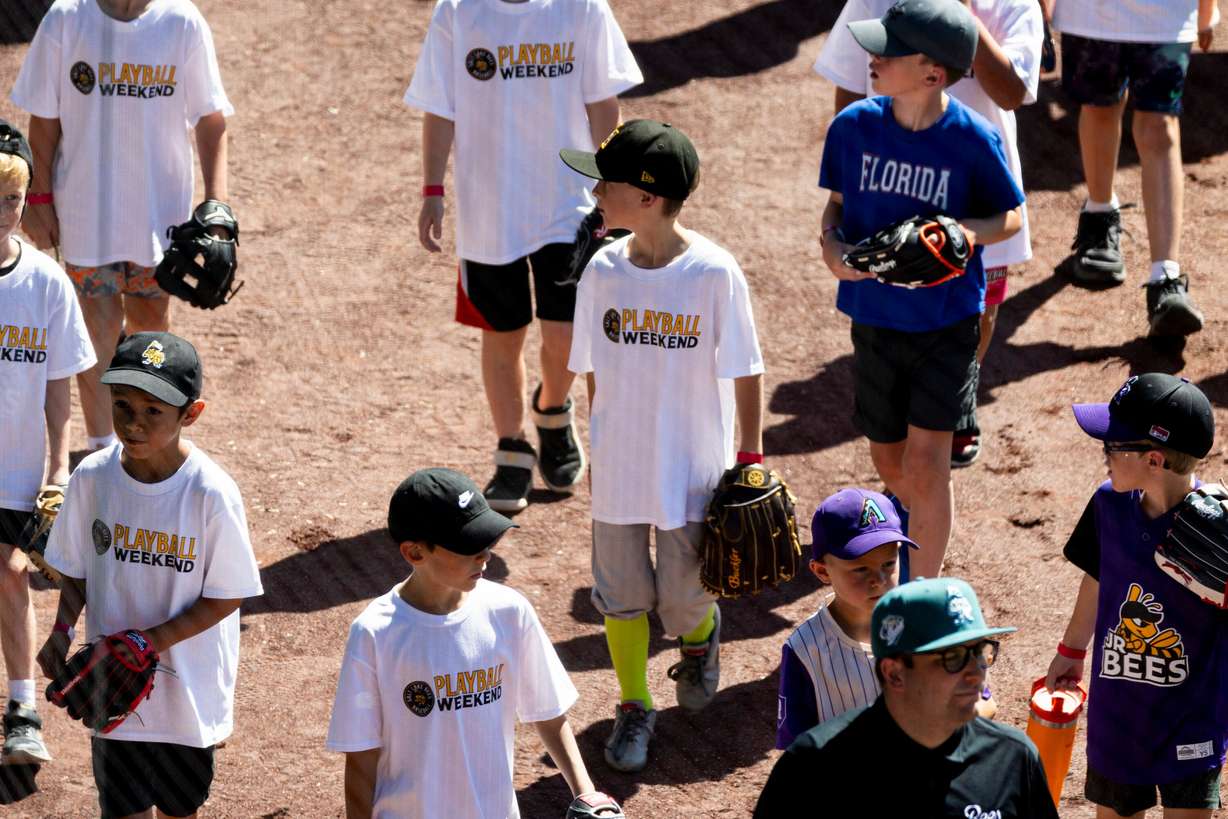Youth participants walk to a different station as part of activities during a kick-off event for Utah Youth Sports Giving Day held at The Ballpark at America First Square in South Jordan on Friday. The event looks to increase access for youth sports in the state.