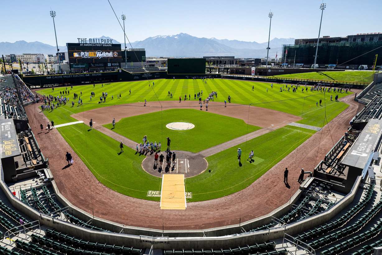 Youth participants practice different aspects of baseball at various stations as part of a kick-off event for Utah Youth Sports Giving Day held at The Ballpark at America First Square in South Jordan on Friday. The event looks to increase access for youth sports in the state.