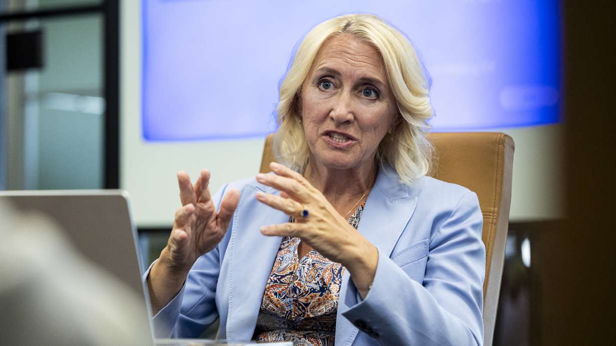 Rep. Karianne Lisonbee, R-Syracuse, a candidate for Utah’s 2nd Congressional District, speaks to the Deseret News and KSL editorial boards at the Deseret News office in Salt Lake City on Friday.