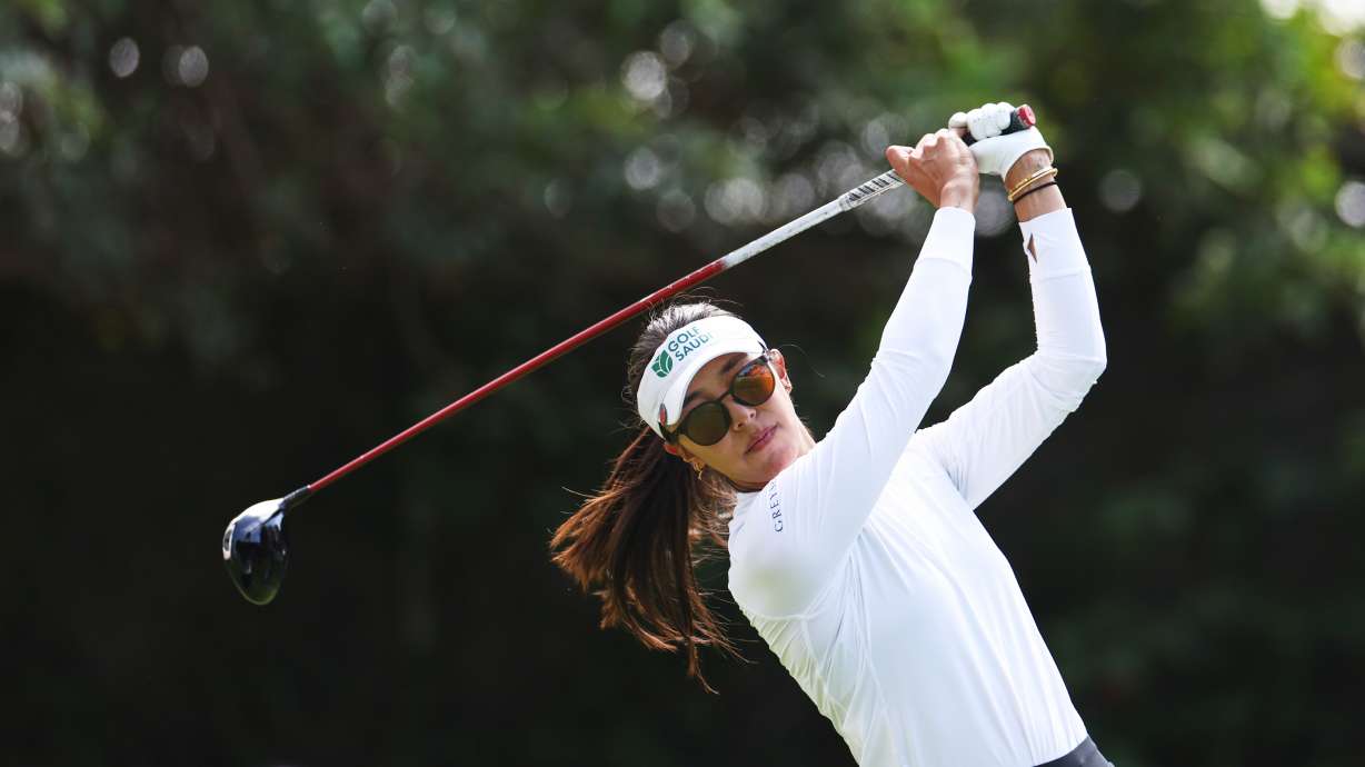 Alison Lee hits off the 11th tee during the second round of the U.S. Women's Open golf tournament Friday, June 5, 2026, in the Pacific Palisades area of Los Angeles.