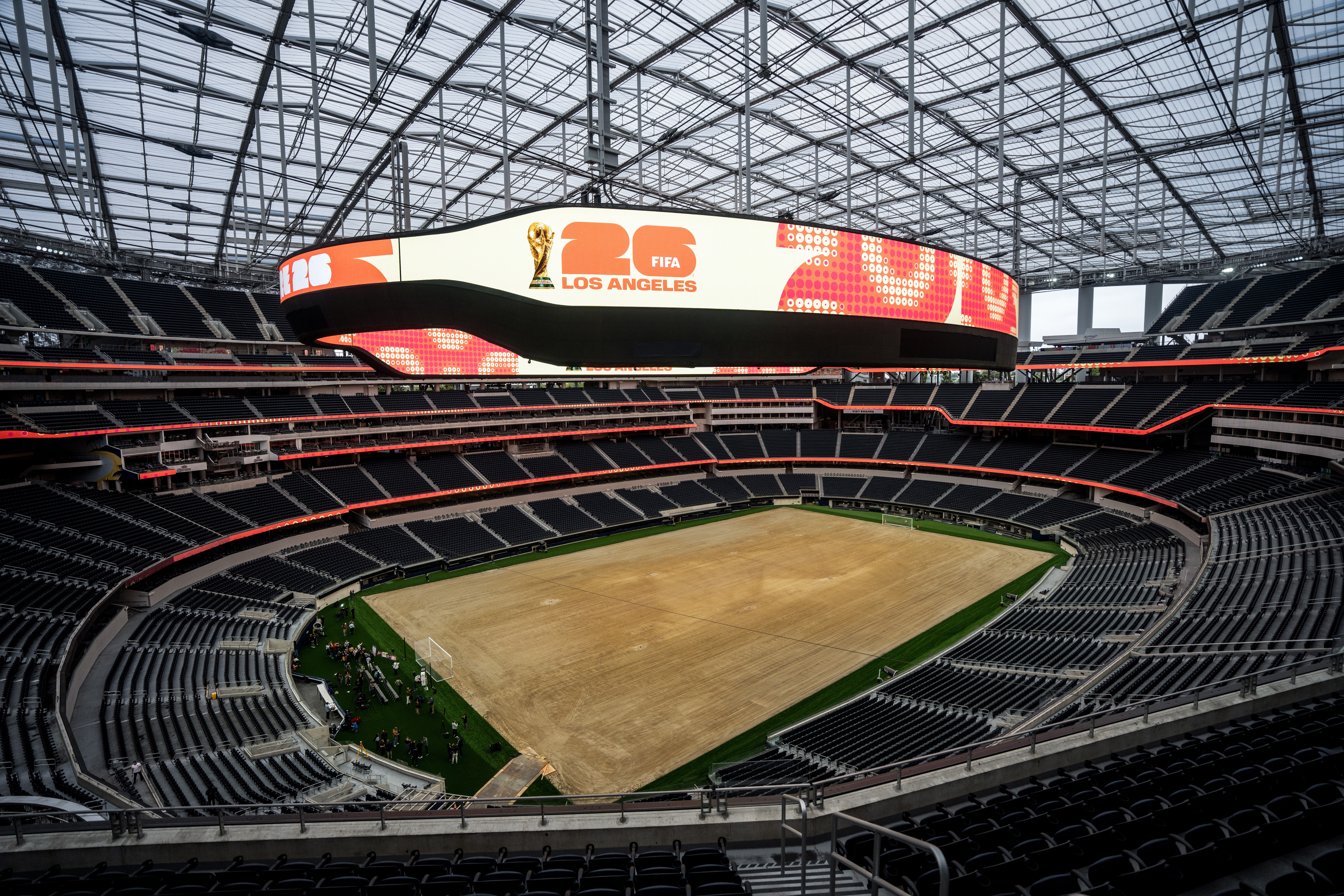 FILE - A general view shows SoFi Stadium in Inglewood, Calif., Tuesday, May 12, 2026, during a media event for the upcoming FIFA World Cup soccer tournament.. 