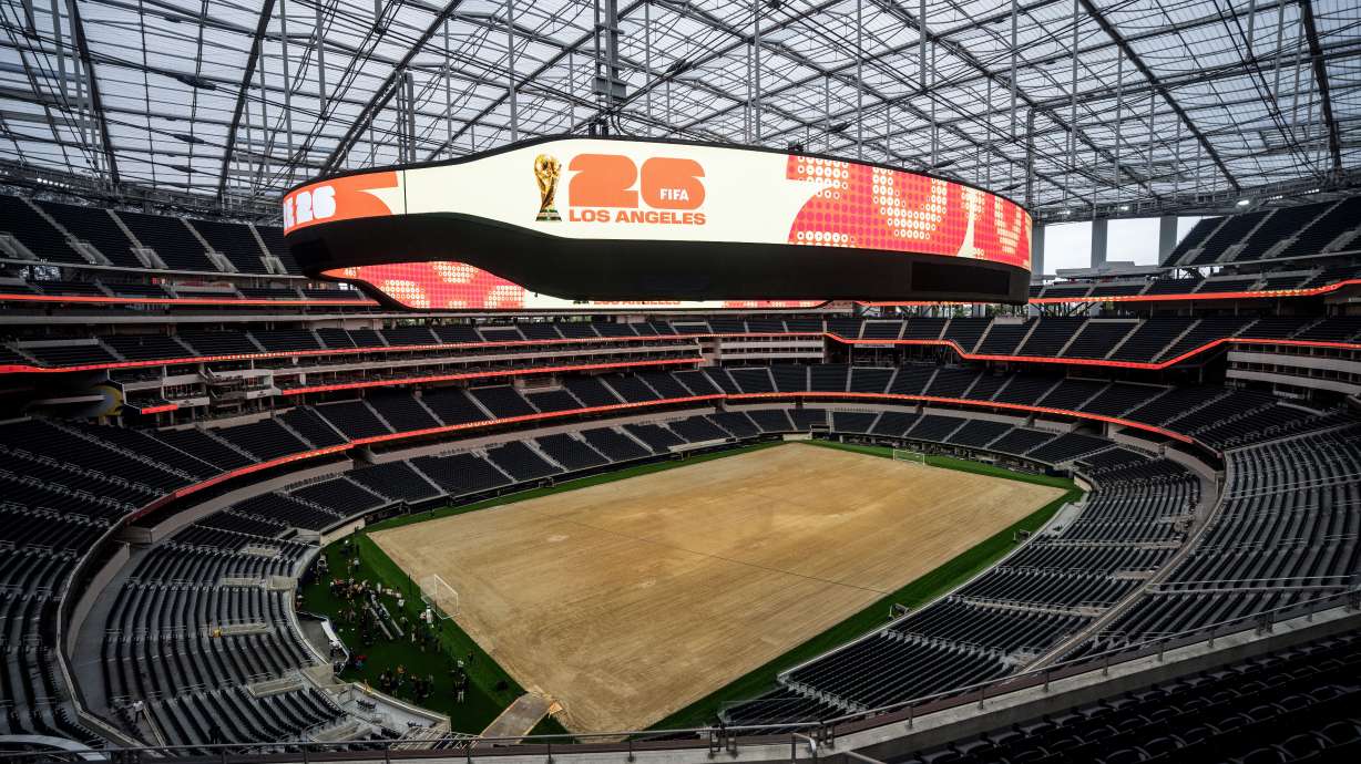 FILE - A general view shows SoFi Stadium in Inglewood, Calif., Tuesday, May 12, 2026, during a media event for the upcoming FIFA World Cup soccer tournament..