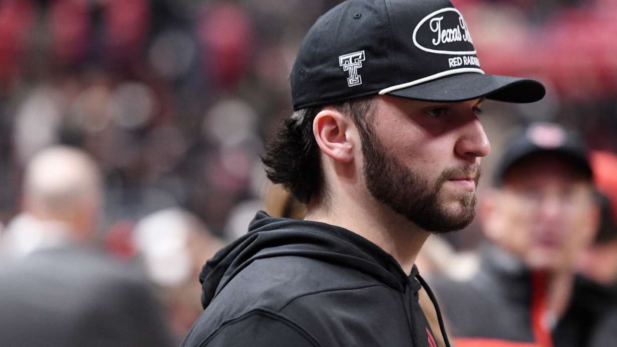 FILE - Quarterback Brendan Sorsby attends an NCAA college basketball game between Texas Tech and Houston, Jan. 24, 2026, in Lubbock, Texas.
