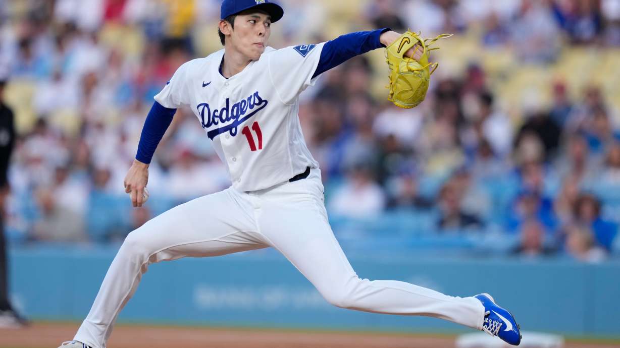 Los Angeles Dodgers starting pitcher Roki Sasaki throws to the plate during the first inning of a baseball game against the Los Angeles Angels, Friday, June 5, 2026, in Los Angeles.