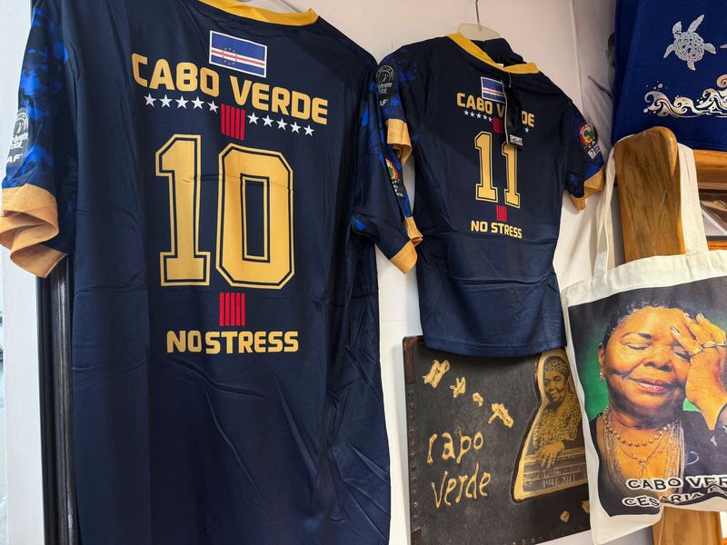 Cape Verde football shirts are displayed for sale at the airport on the island of Sao Vicente, Cape Verde, March 9.