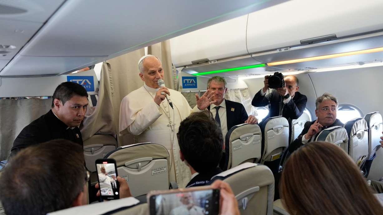 Pope Leo XIV talks to journalists aboard the papal flight from Rome to Madrid, Saturday, June 6, 2026, on the occasion of his apostolic journey to Spain.