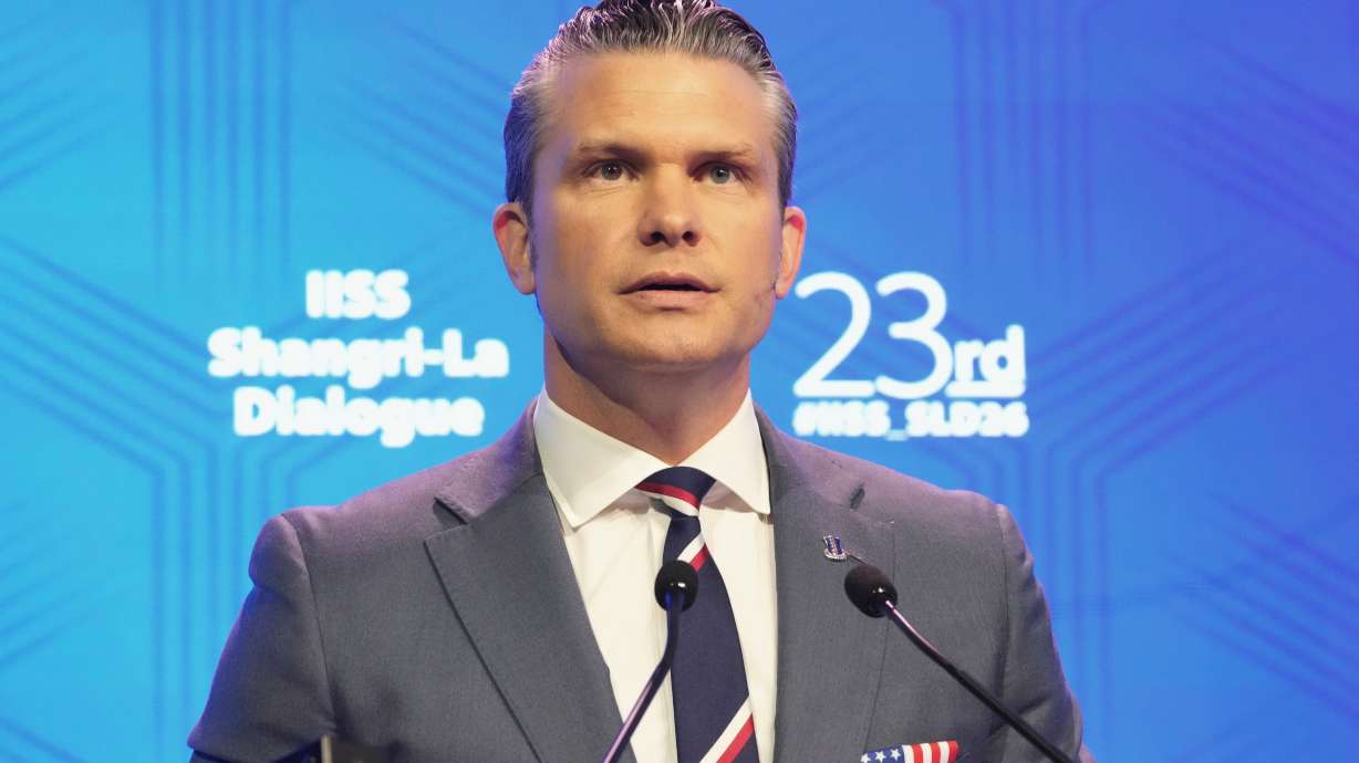 U.S. Defense Secretary Pete Hegseth delivers his address during the Shangri-La Dialogue, Asia's annual defense and security forum, in Singapore, May 30.