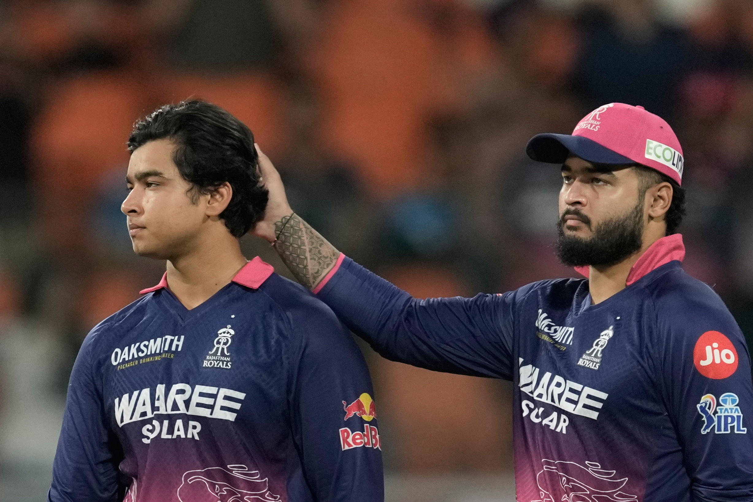 Rajasthan Royals' captain Riyan Parag consoles his teammate Vaibhav Sooryavanshi after Gujarat Titans won against Rajasthan Royals during the Indian Premier League cricket match in New Chandigarh, India, Friday, May 29, 2026. 