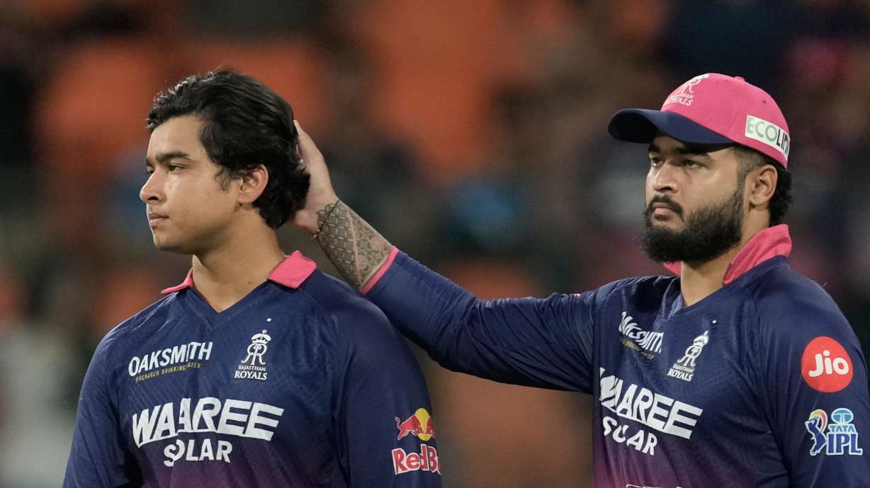 Rajasthan Royals' captain Riyan Parag consoles his teammate Vaibhav Sooryavanshi after Gujarat Titans won against Rajasthan Royals during the Indian Premier League cricket match in New Chandigarh, India, Friday, May 29, 2026.
