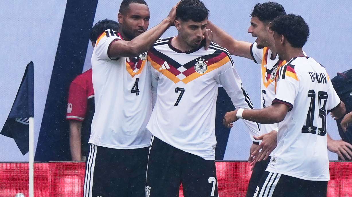Germany forward Kai Havertz (7) celebrates with teammates after scoring a goal during the first half of an international friendly soccer match against United States in Chicago, Saturday, June 6, 2026.