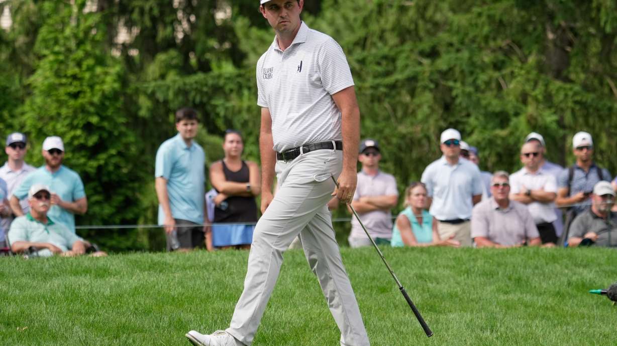 J.T. Poston reacts to his chip shot onto the sixth green during the third round of the Memorial golf tournament, in Dublin, Ohio, Saturday, June 6, 2026.