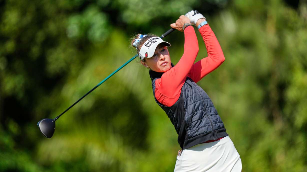 Nelly Korda hits of the 13th tee during the third round of the U.S. Women's Open golf tournament Saturday, June 6, 2026, in the Pacific Palisades area of Los Angeles.