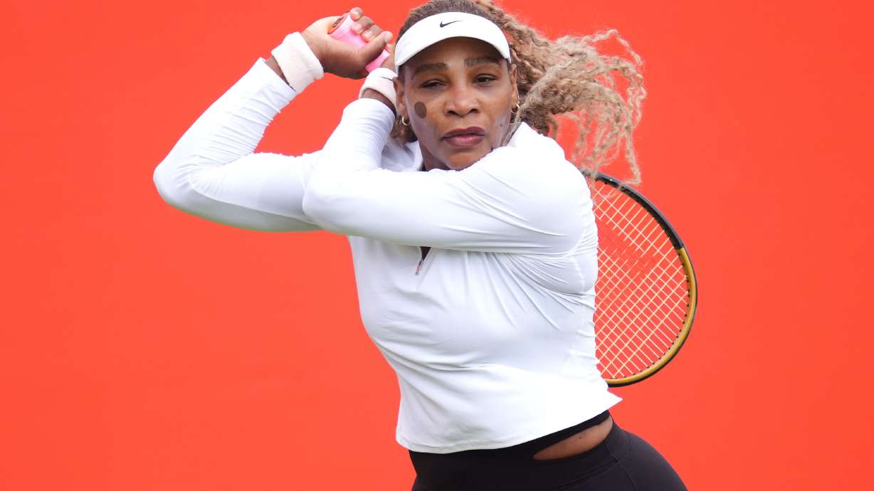 Serena Williams of the US practices at The Queen's Club, in London, Sunday June 7, 2026.