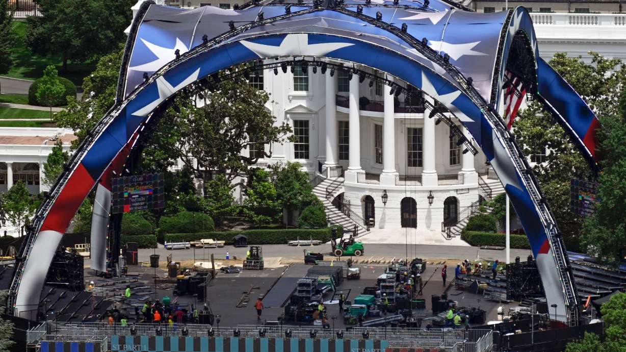 Construction continues on the arena on the South Lawn of the White House for a future UFC mixed martial arts fight, Saturday, June 6, 2026, in Washington.