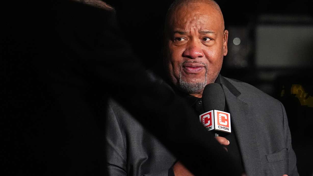 FILE - Chicago Bulls television announcer Stacey King attends the first half of an NBA basketball game, Nov. 17, 2025, in Denver.