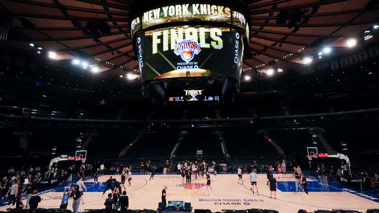 The San Antonio Spurs practice prior to Game 3 of the NBA Finals basketball series against the New York Knicks, Sunday, June 7, 2026, in New York.