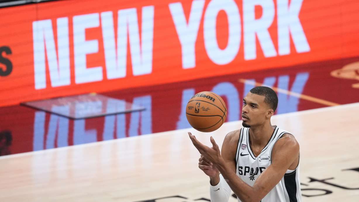 San Antonio Spurs forward Victor Wembanyama shoots a free throw during the first half of Game 2 of the NBA Finals basketball series against the New York Knicks, Friday, June 5, 2026, in San Antonio.
