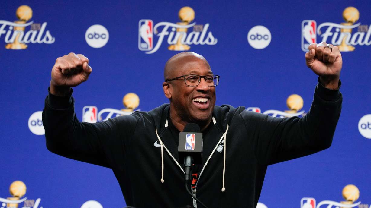New York Knicks head coach Mike Brown speaks to the media prior to Game 3 of the NBA Finals basketball series against the San Antonio Spurs, Sunday, June 7, 2026, in New York.