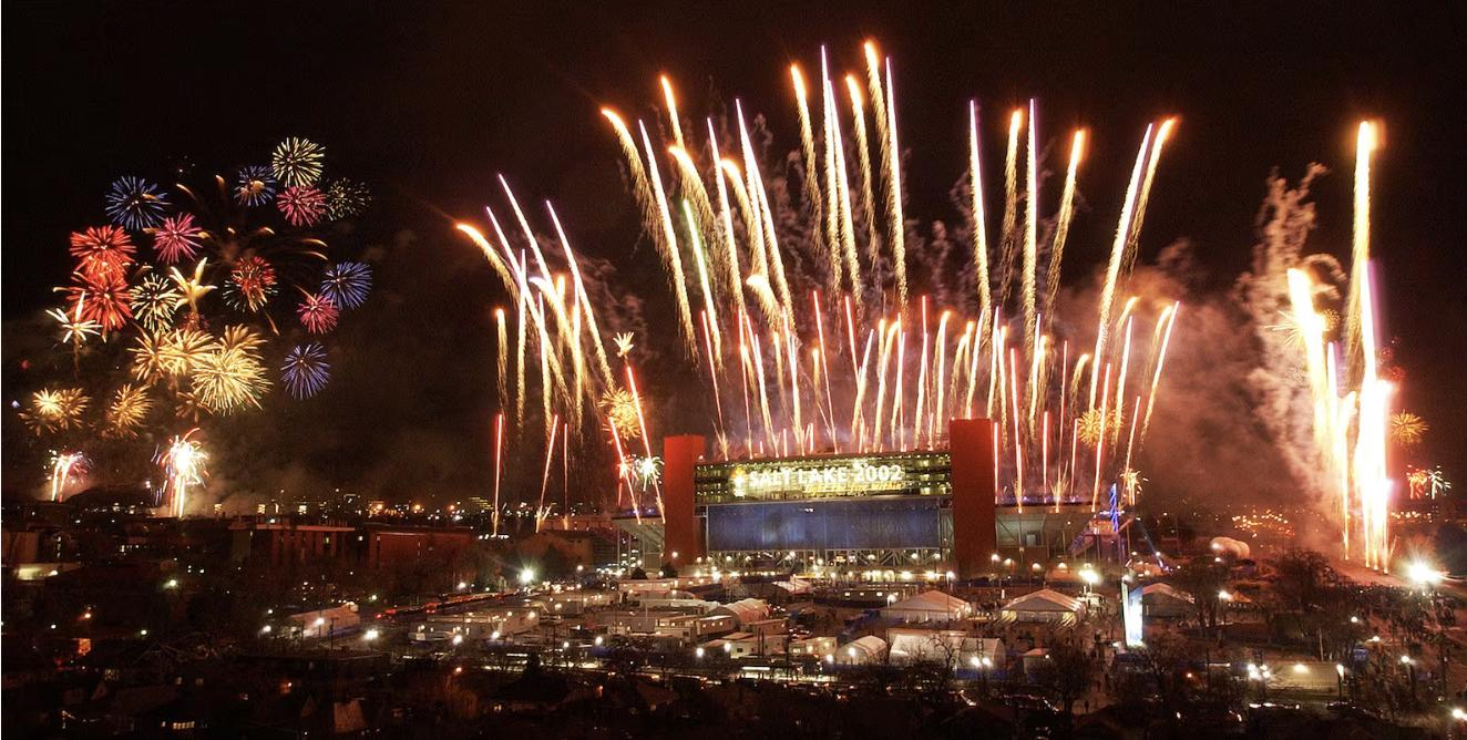 Fireworks explode over Rice Eccles Stadium during the Closing Ceremonies of the 2002 Winter Olympics in Salt Lake City on Feb. 24, 2002.