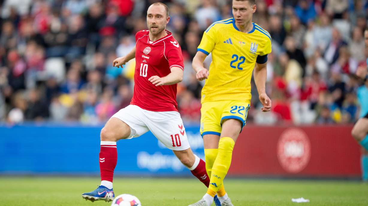 Denmark's Christian Eriksen, left, in action with Ukraine's Mykola Matviyenko during an international football game, in Odense, Denmark, Sunday, June 7, 2026.