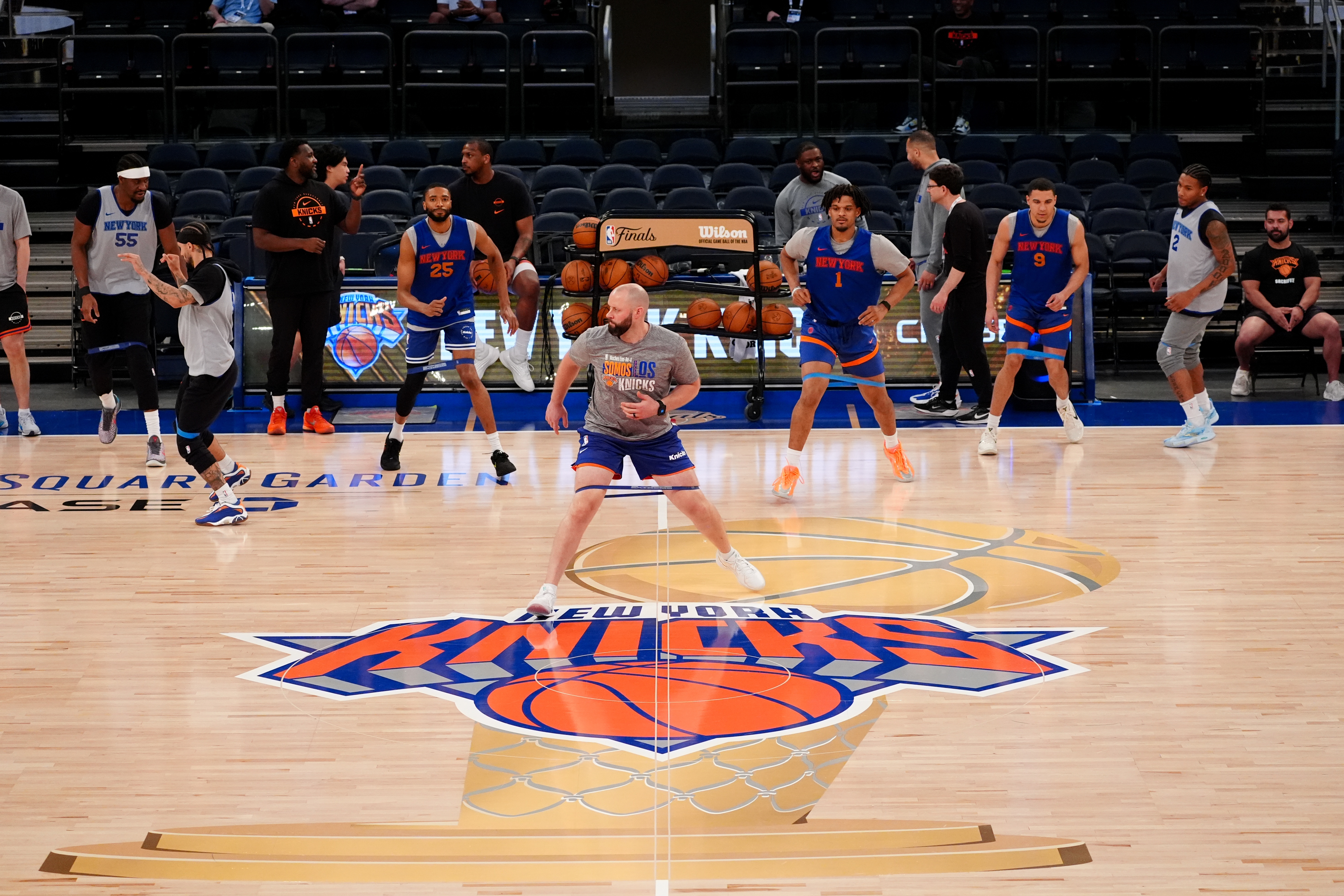 The New York Knicks practice prior to Game 3 of the NBA Finals basketball series against the San Antonio Spurs, Sunday, June 7, 2026, in New York. 
