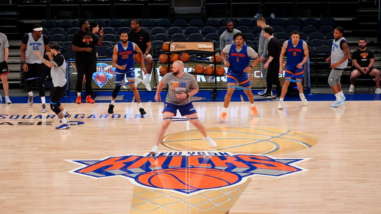 The New York Knicks practice prior to Game 3 of the NBA Finals basketball series against the San Antonio Spurs, Sunday, June 7, 2026, in New York.